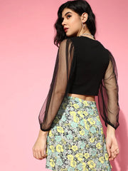 Black Mesh Full Sleeve Rib Crop Top