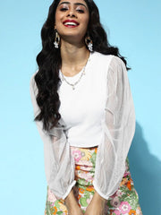 White Mesh Full Sleeve Rib Crop Top