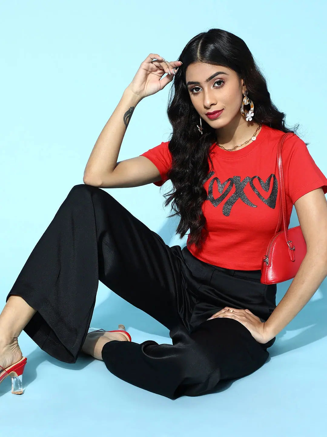 Red XOXO Glitter Crop Top - Cotton Jersey Women's Tee