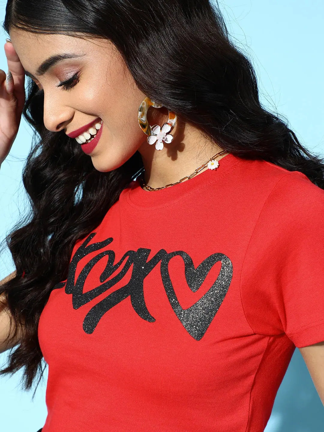 Red XOXO Glitter Crop Top - Cotton Jersey Women's Tee