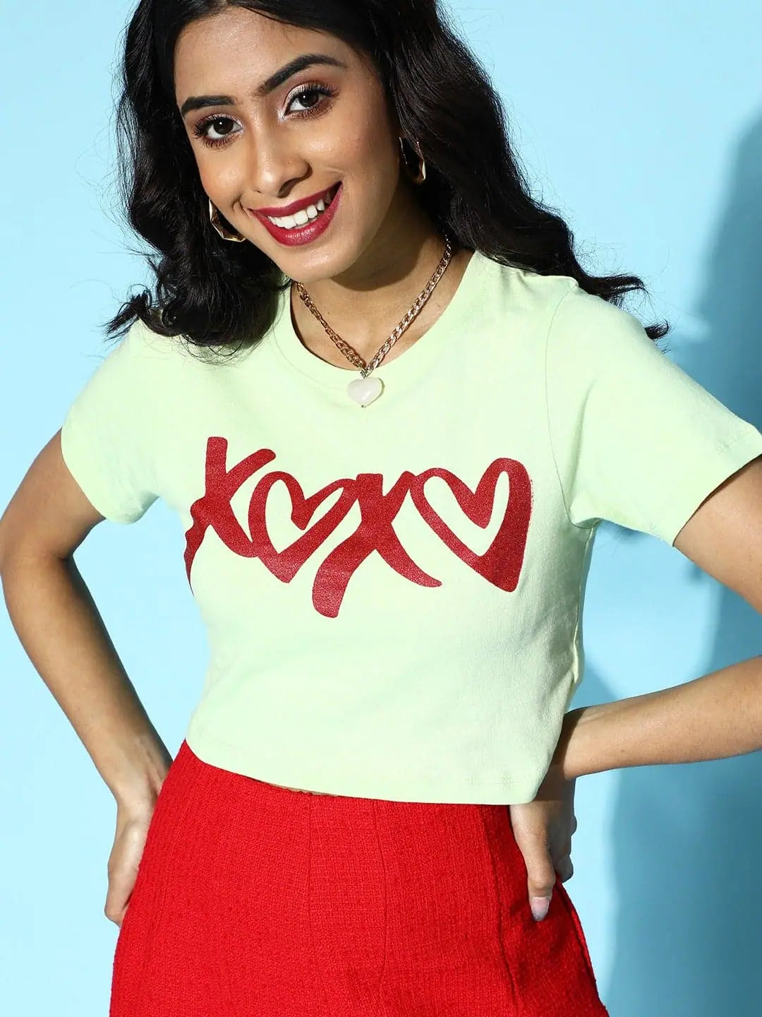 Green XOXO Crop T-Shirt - Glitter Print Tee