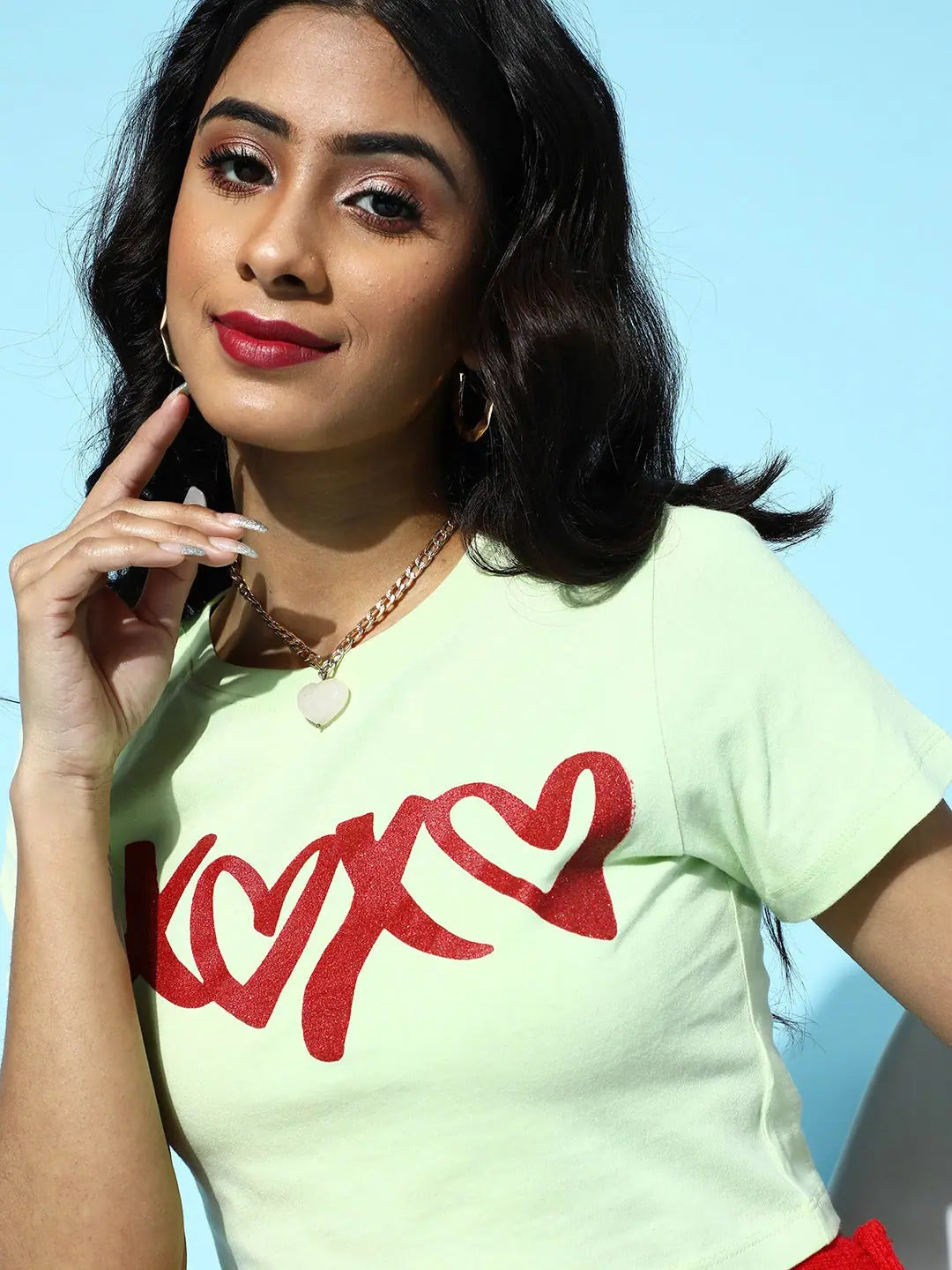 Green XOXO Crop T-Shirt - Glitter Print Tee