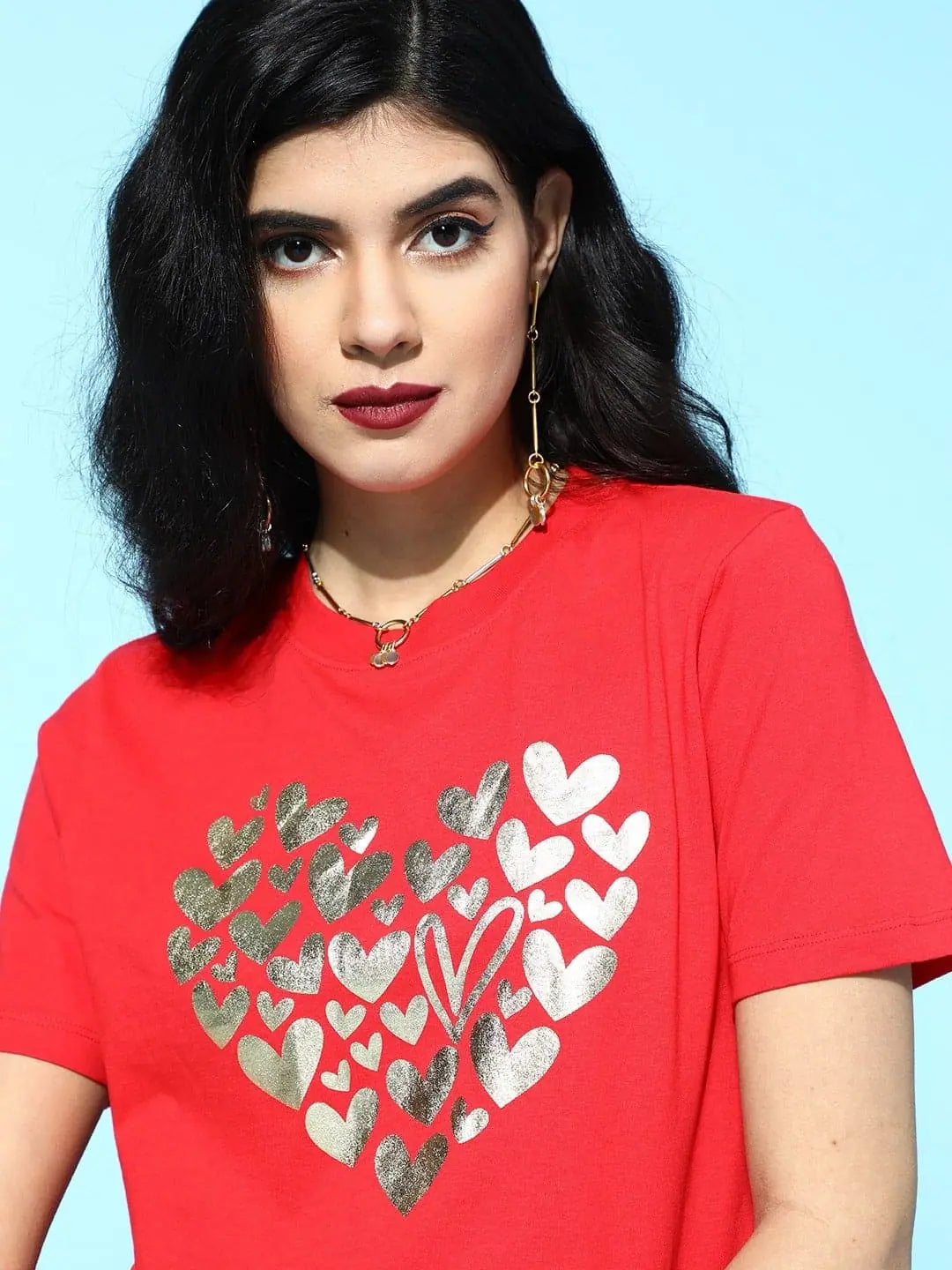 Red Hearts Crop T-Shirt - Printed Boxy Tee