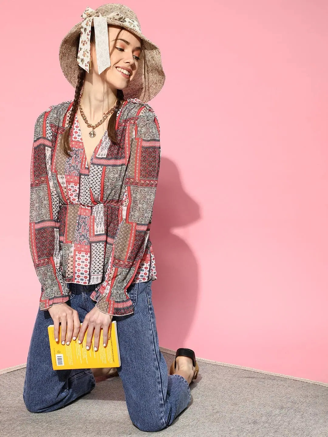 Women's Brown Patch Print Peplum Top - Western Wear Online