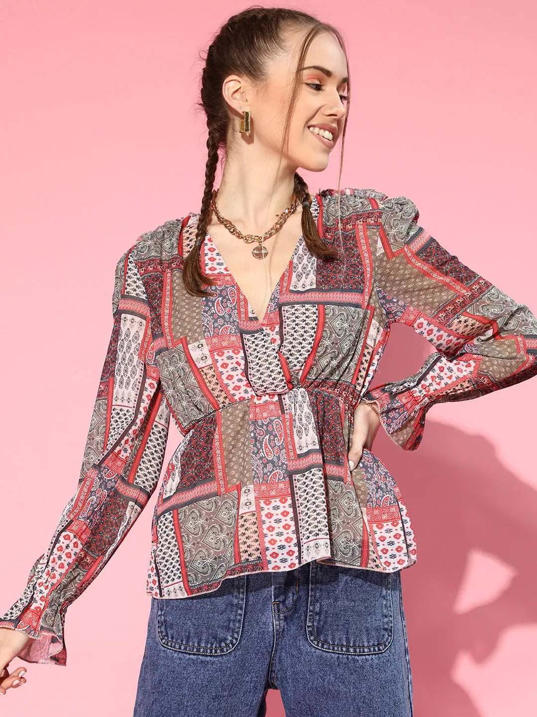 Women's Brown Patch Print Peplum Top - Western Wear Online