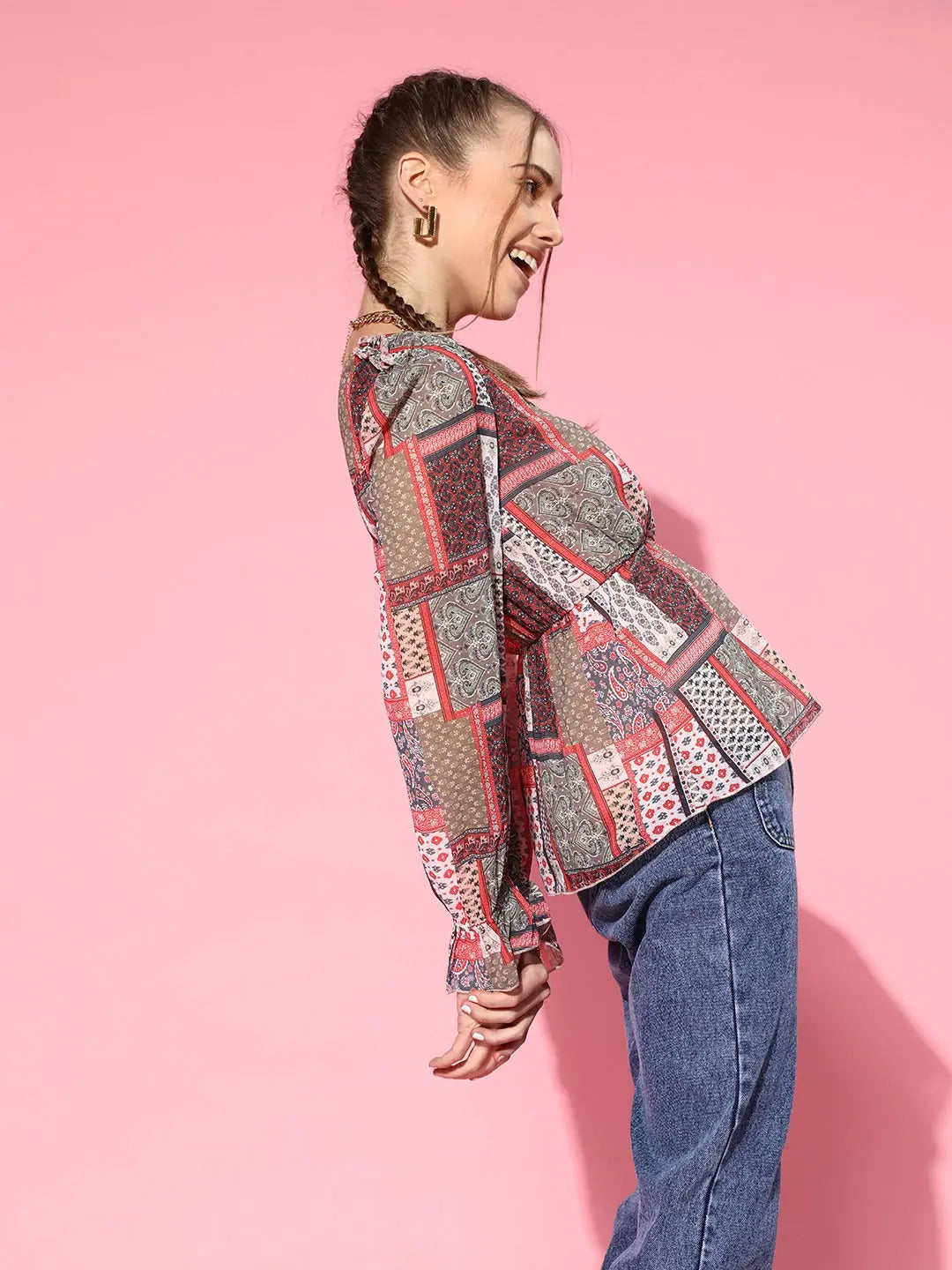 Women's Brown Patch Print Peplum Top - Western Wear Online