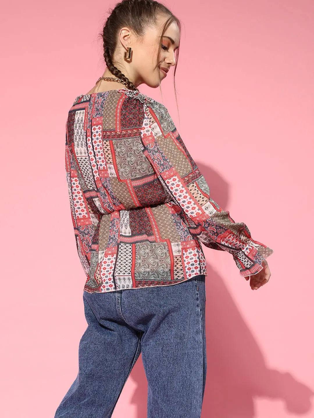 Women's Brown Patch Print Peplum Top - Western Wear Online