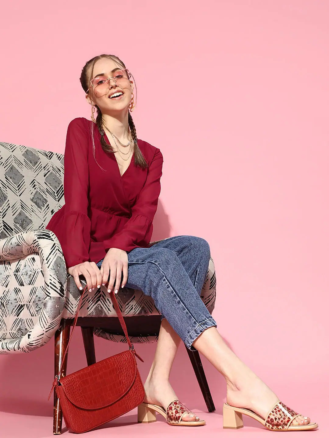 Maroon Wrap Peplum Top - Stylish Women's Western Clothing