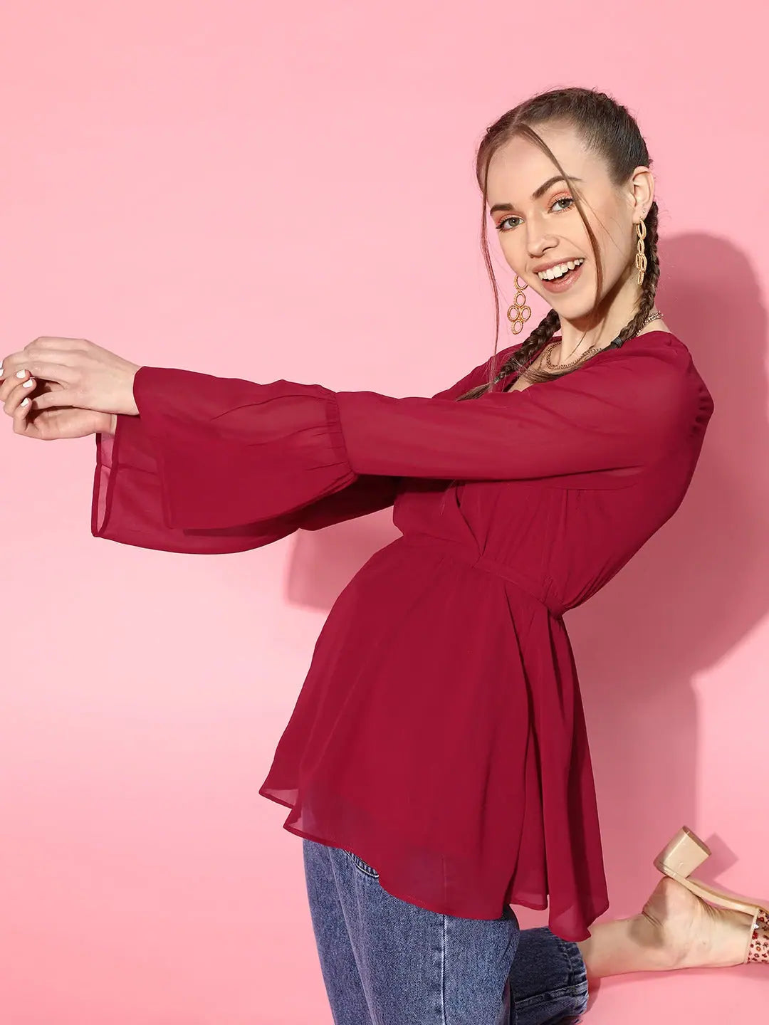 Maroon Wrap Peplum Top - Stylish Women's Western Clothing