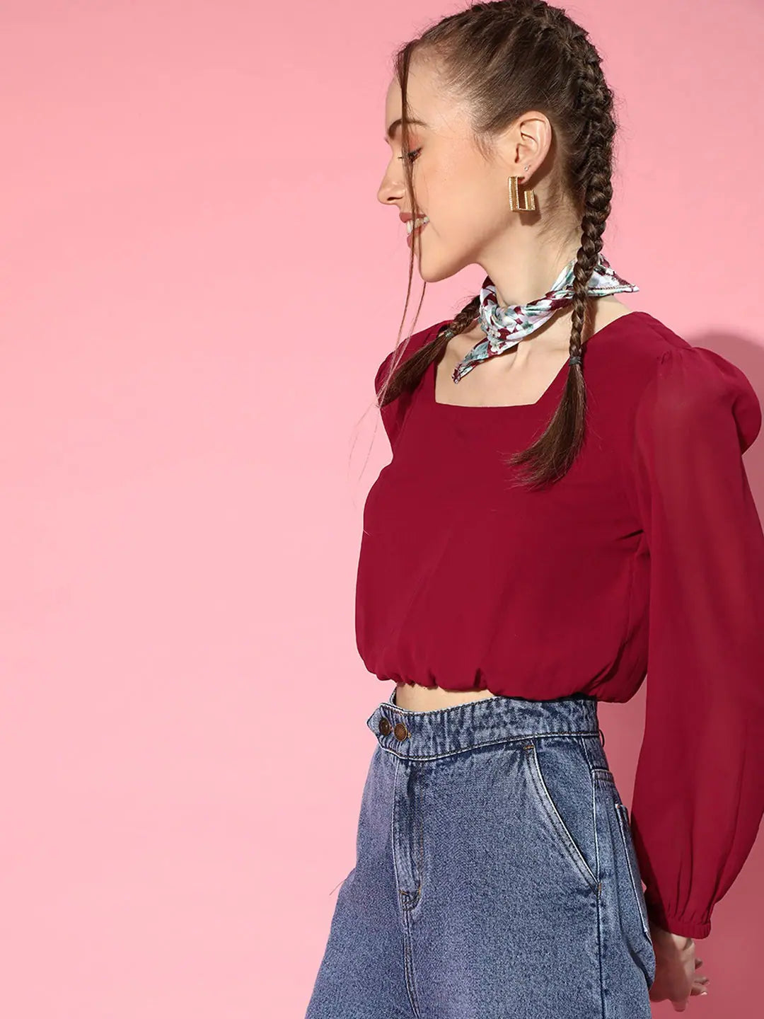 Maroon Crop Top - Square Neck, Georgette Fabric for Women