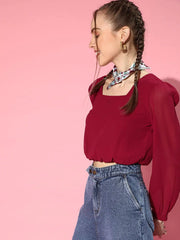Women Maroon Square Neck Crop Top