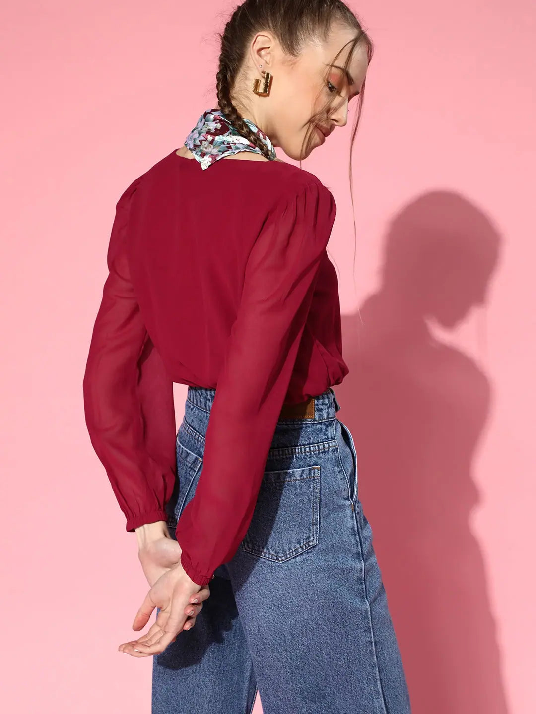 Maroon Crop Top - Square Neck, Georgette Fabric for Women