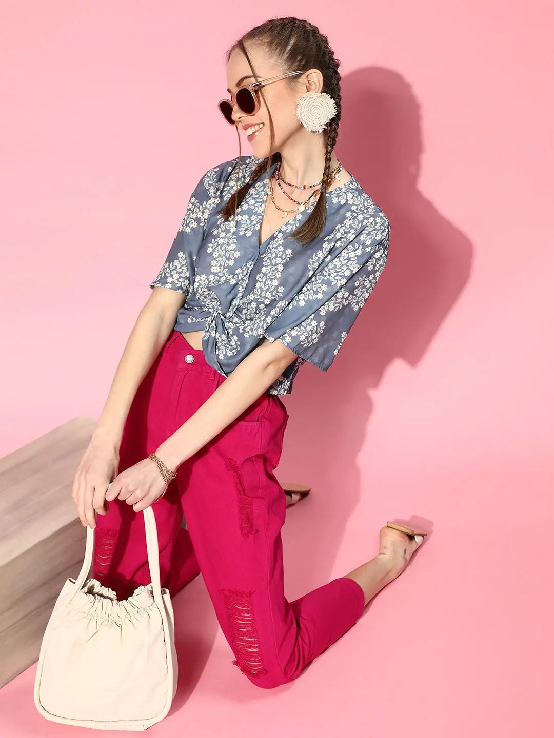 Blue Floral V-Neck Crop Top - Stylish Women's Top