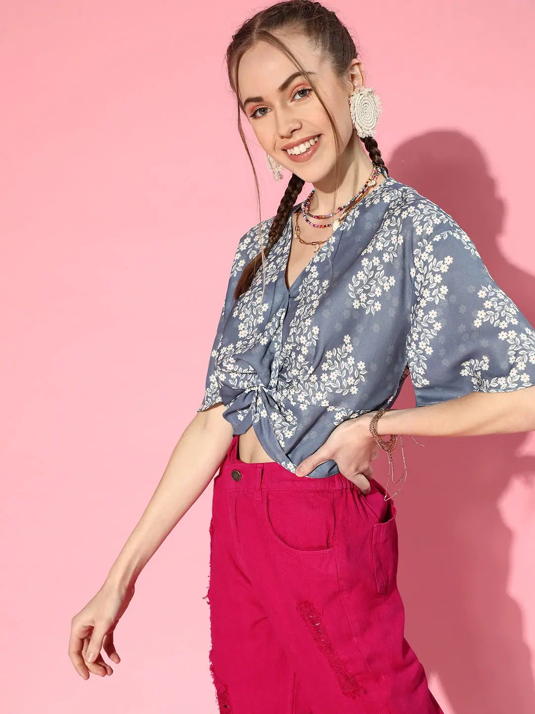 Blue Floral V-Neck Crop Top - Stylish Women's Top