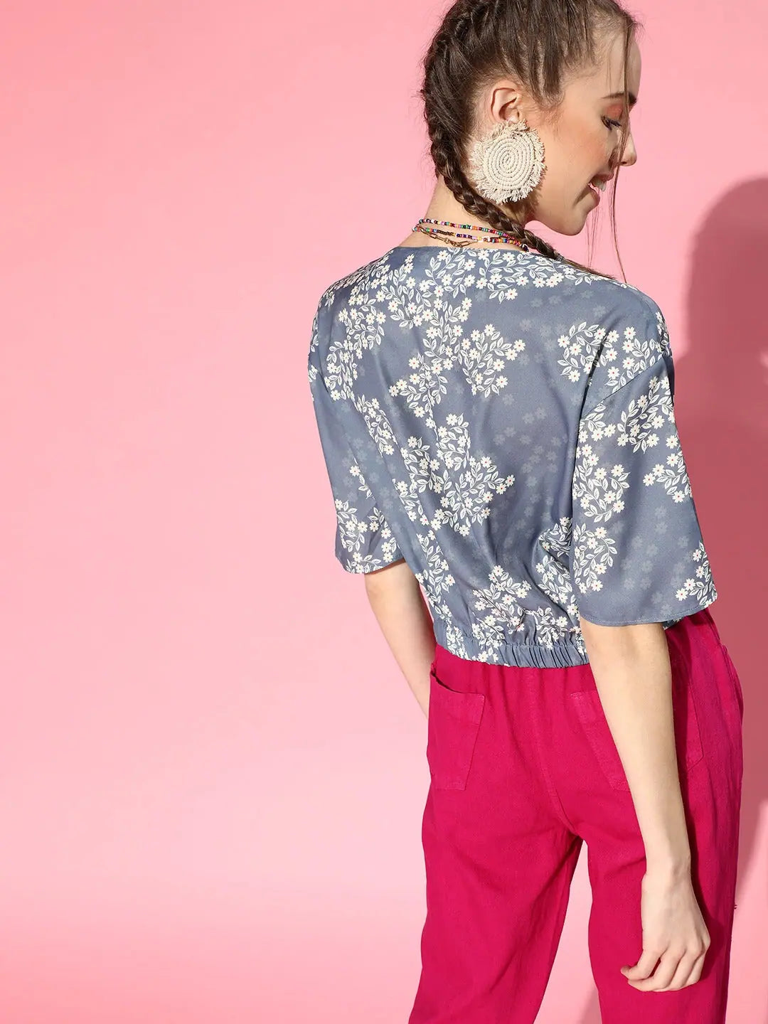 Blue Floral V-Neck Crop Top - Stylish Women's Top
