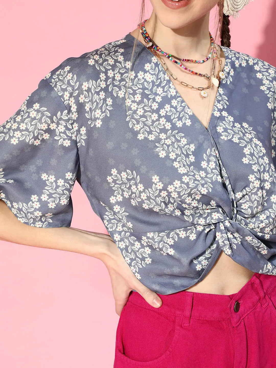 Blue Floral V-Neck Crop Top - Stylish Women's Top