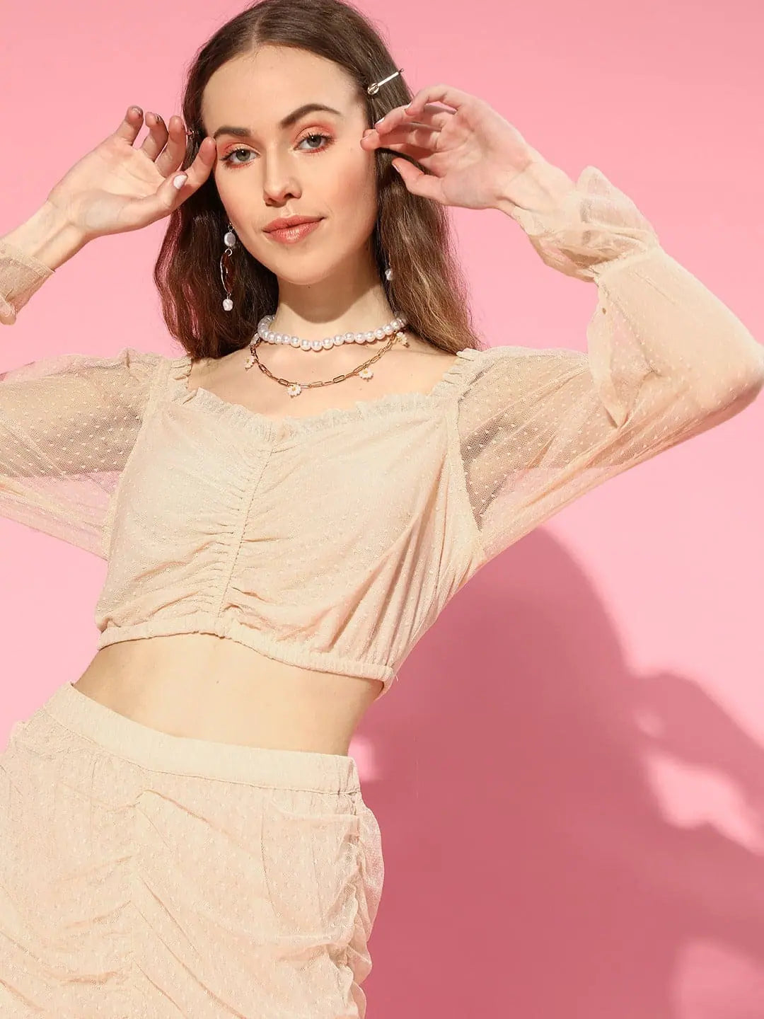 Nude Swiss Dot Crop Top - Mesh Top for Women Online