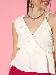 Women White One Side Frill Strappy Top