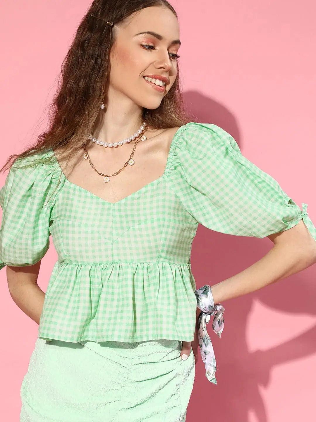Green Gingham Peplum Crop Top - Women's Fashion Styles