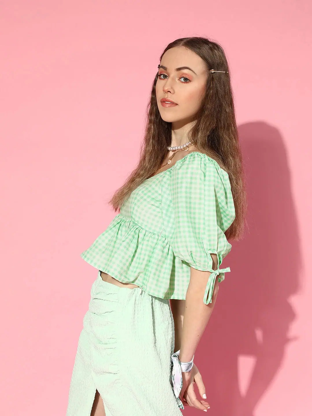 Green Gingham Peplum Crop Top - Women's Fashion Styles