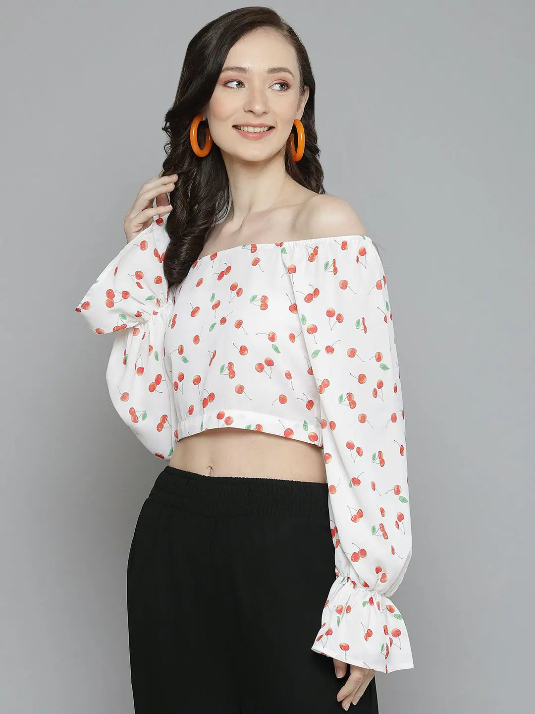 White Cherry Print Crop Top | Women's Lehenga
