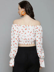 Women White Cherry Print Victorian Sleeve Crop Top
