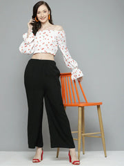Women White Cherry Print Victorian Sleeve Crop Top