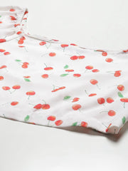 Women White Cherry Print Victorian Sleeve Crop Top