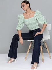 Women Green Floral Smocking Crop Top