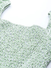 Women Green Floral Smocking Crop Top