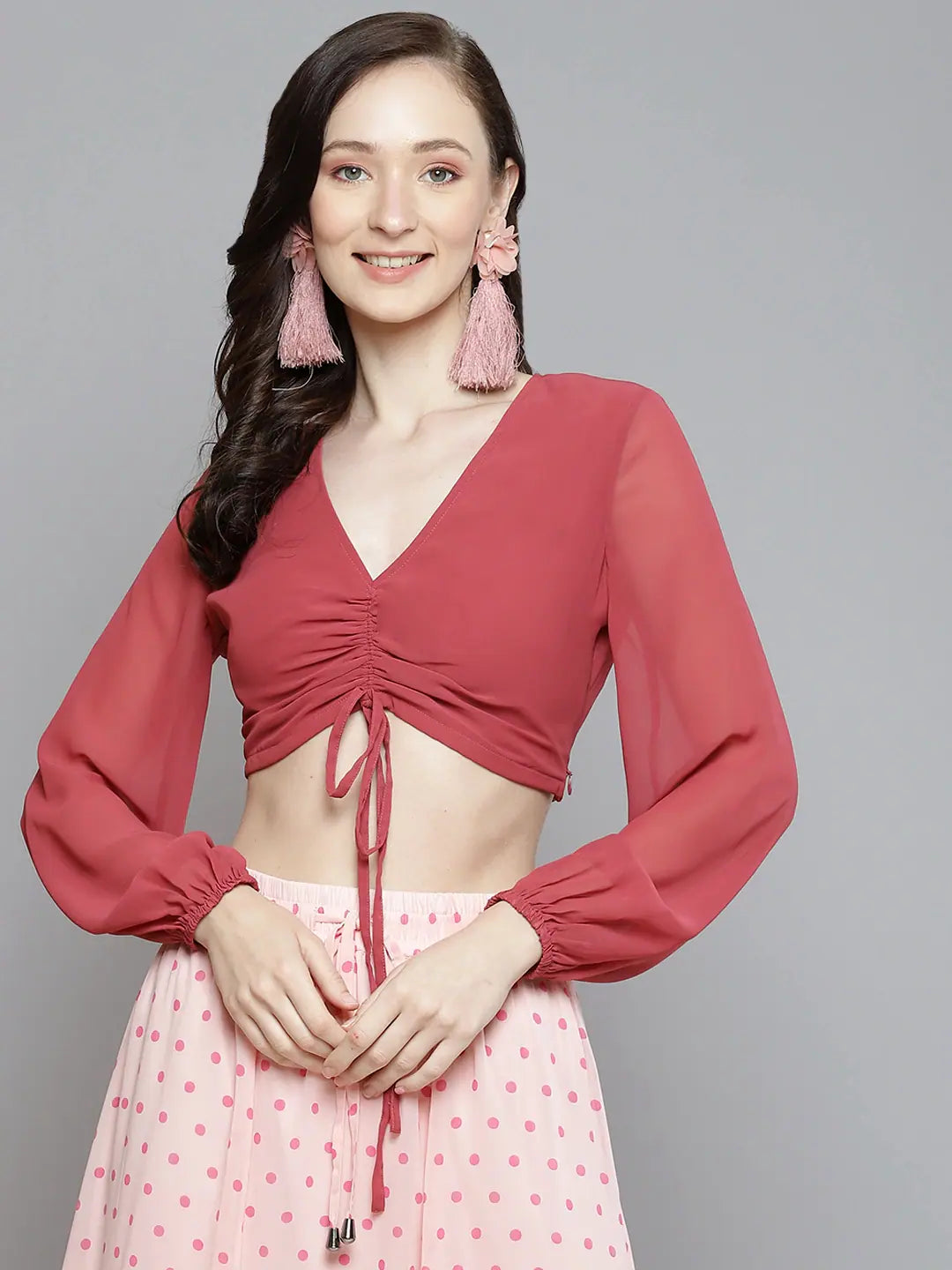 Rose Pink Front Ruched Crop Top - Designer Lehenga Top