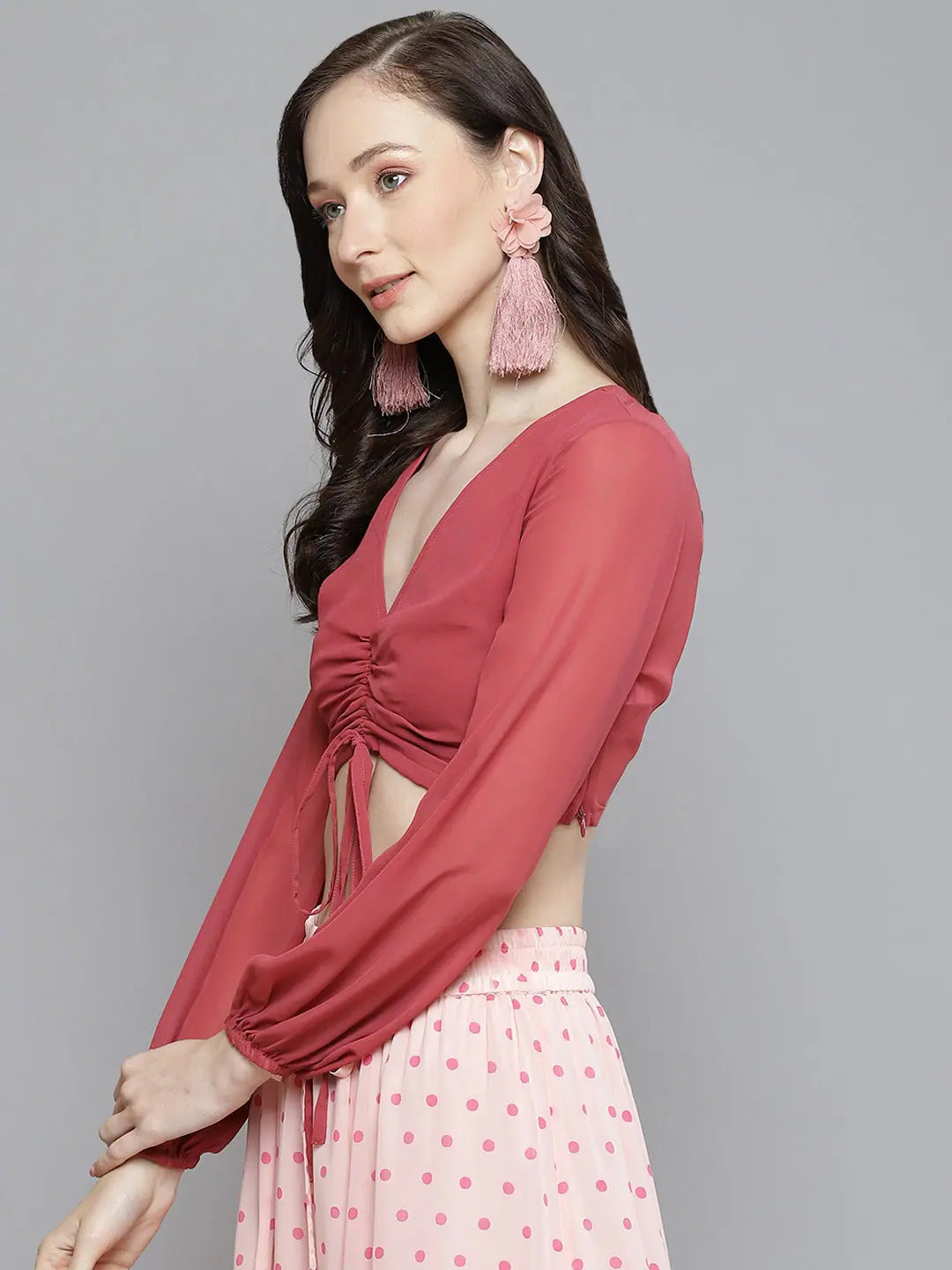 Rose Pink Front Ruched Crop Top - Designer Lehenga Top