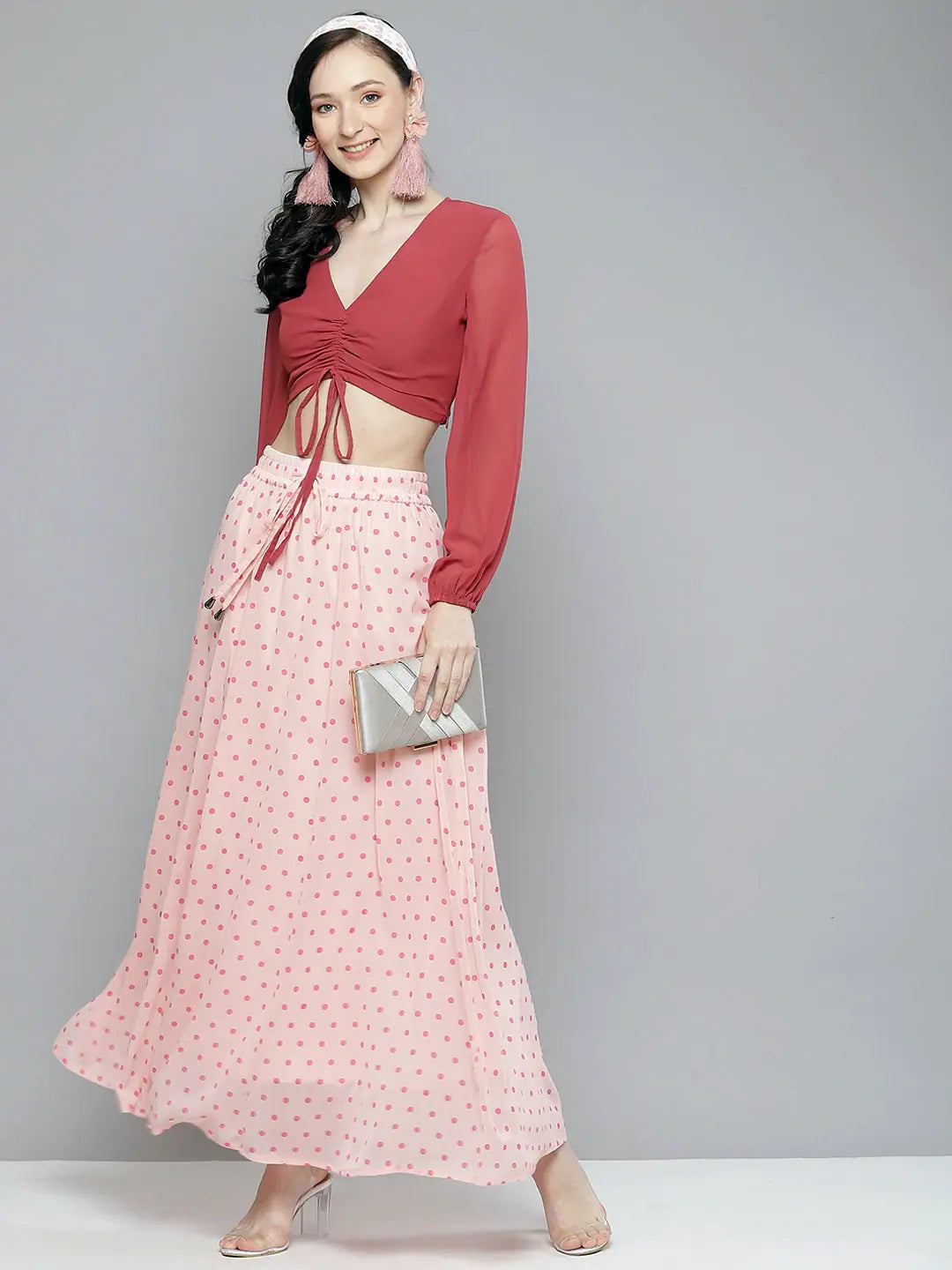 Rose Pink Front Ruched Crop Top - Designer Lehenga Top