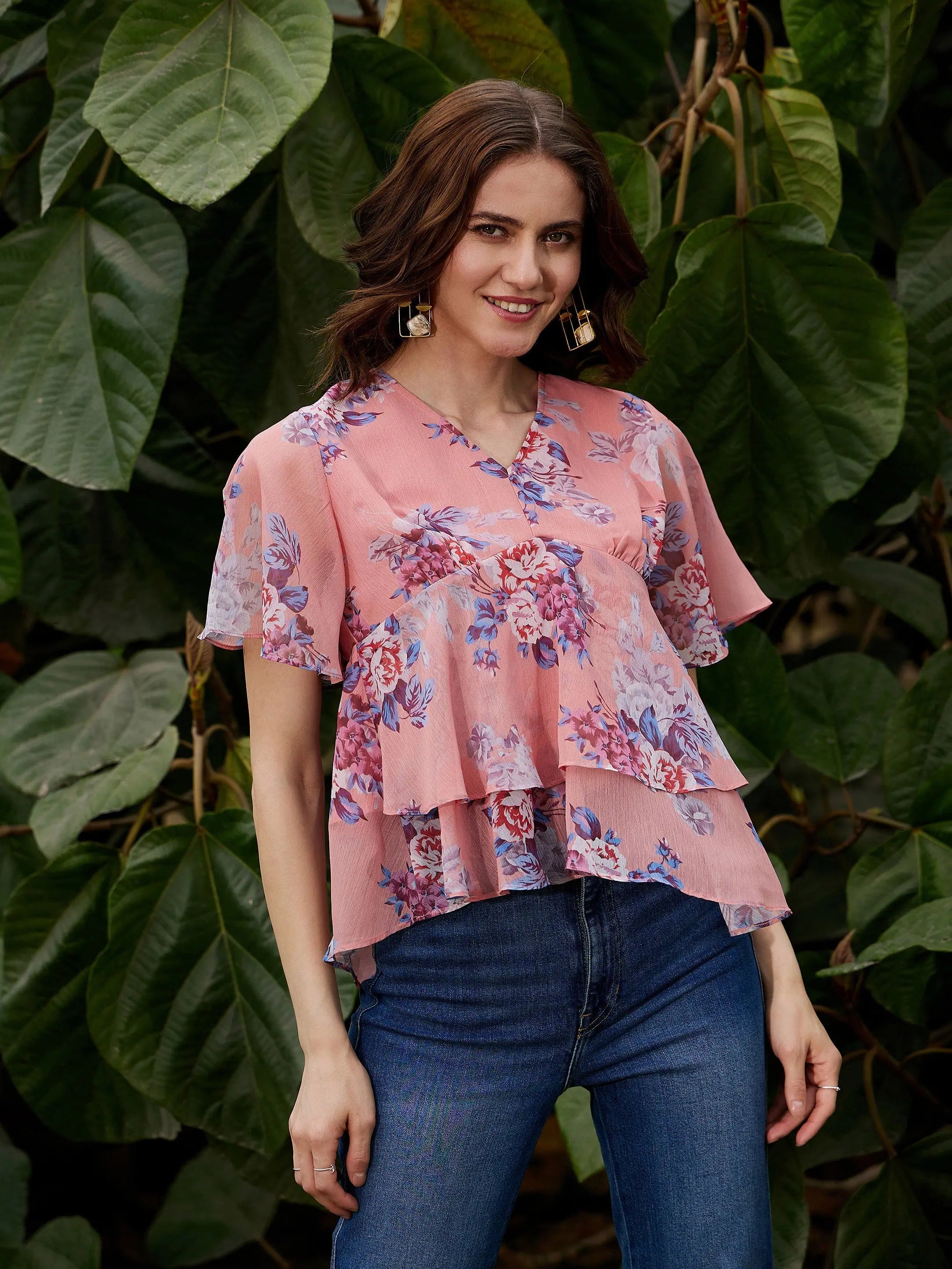 Peach Floral Frill Hem Top - Women's Western Wear