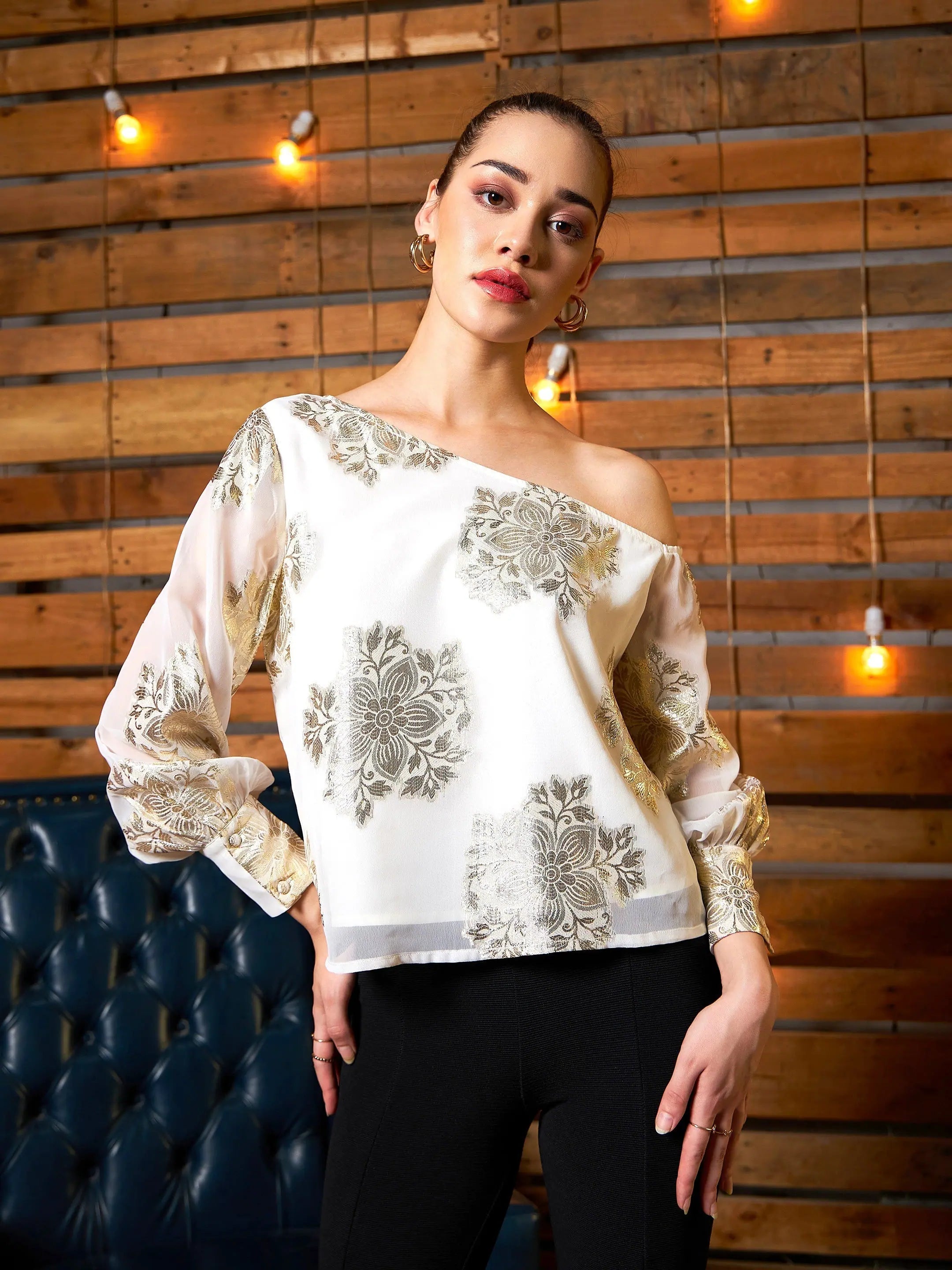 White Jacquard One Shoulder Top | Elegant Women's Shirts Online