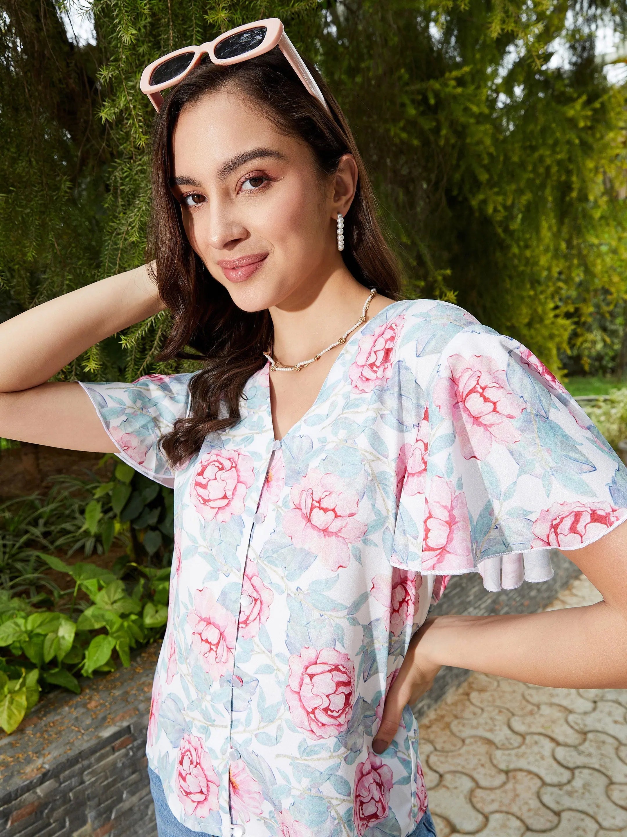 Pink Floral Front Open Top - Stylish Women's Western Wear