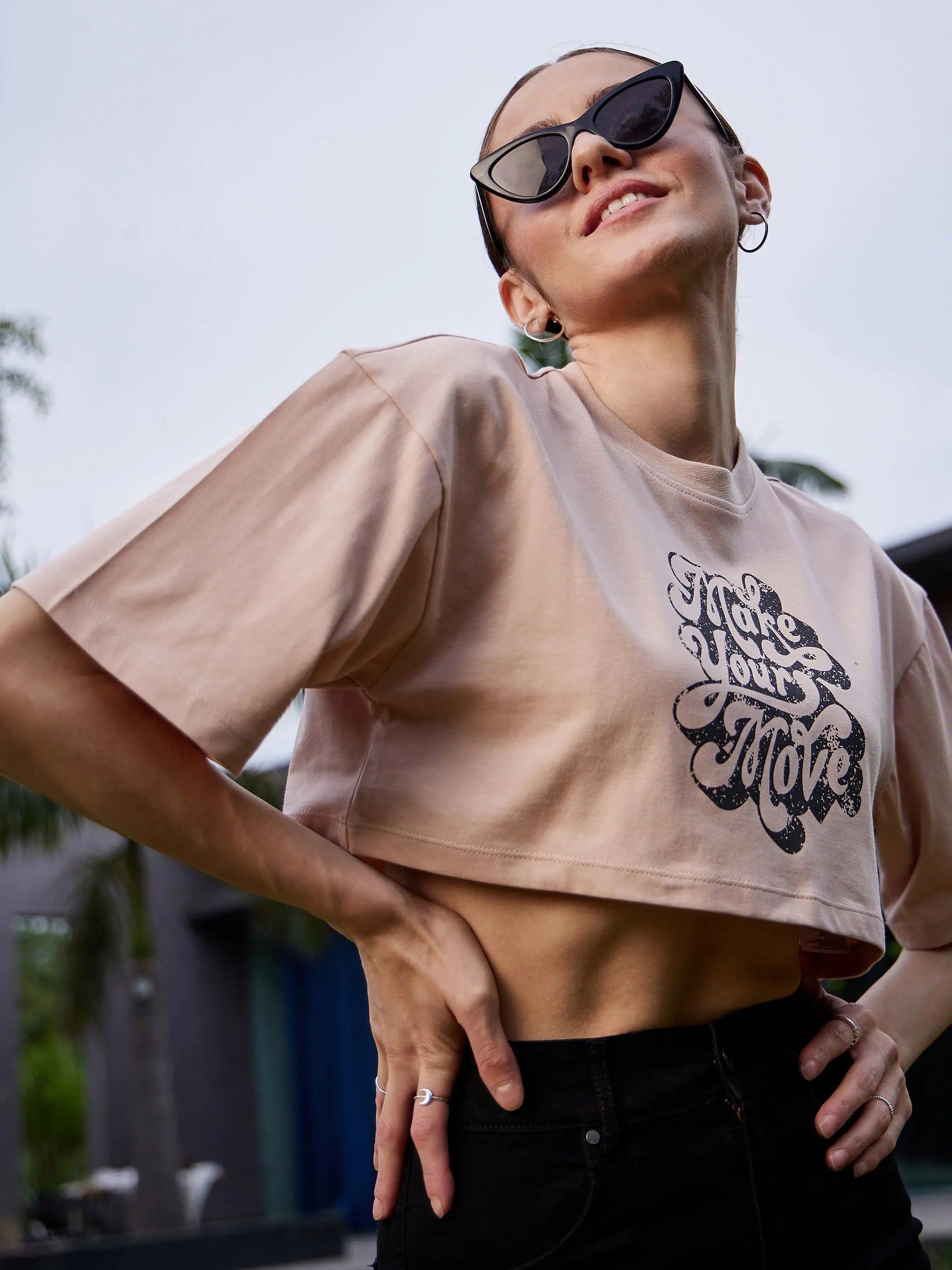 Women's Nude Print Crop T Shirt - Make Your Move Cotton Tee
