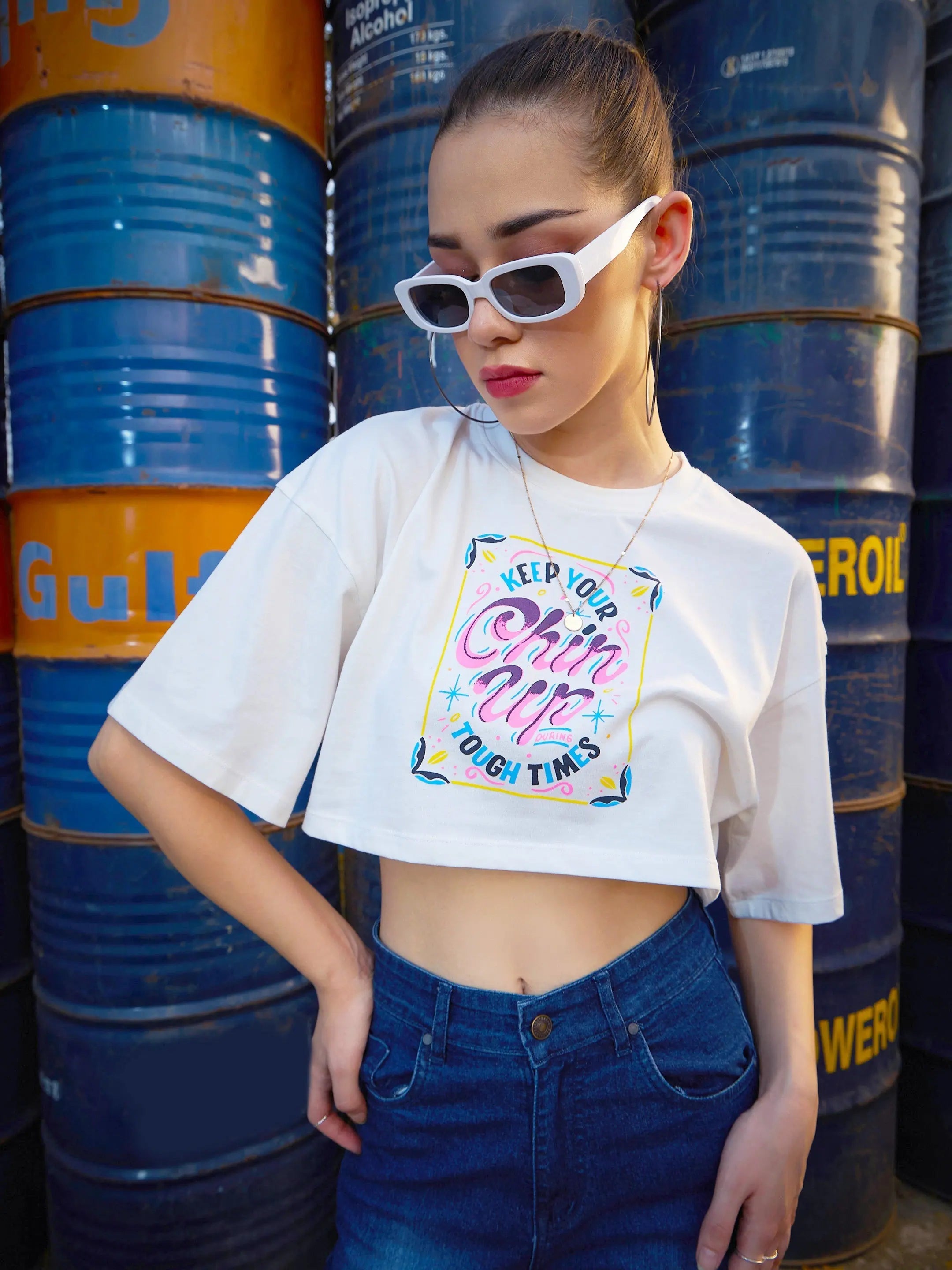 Women's White Print Crop T Shirt - Chin Up Cotton Tee