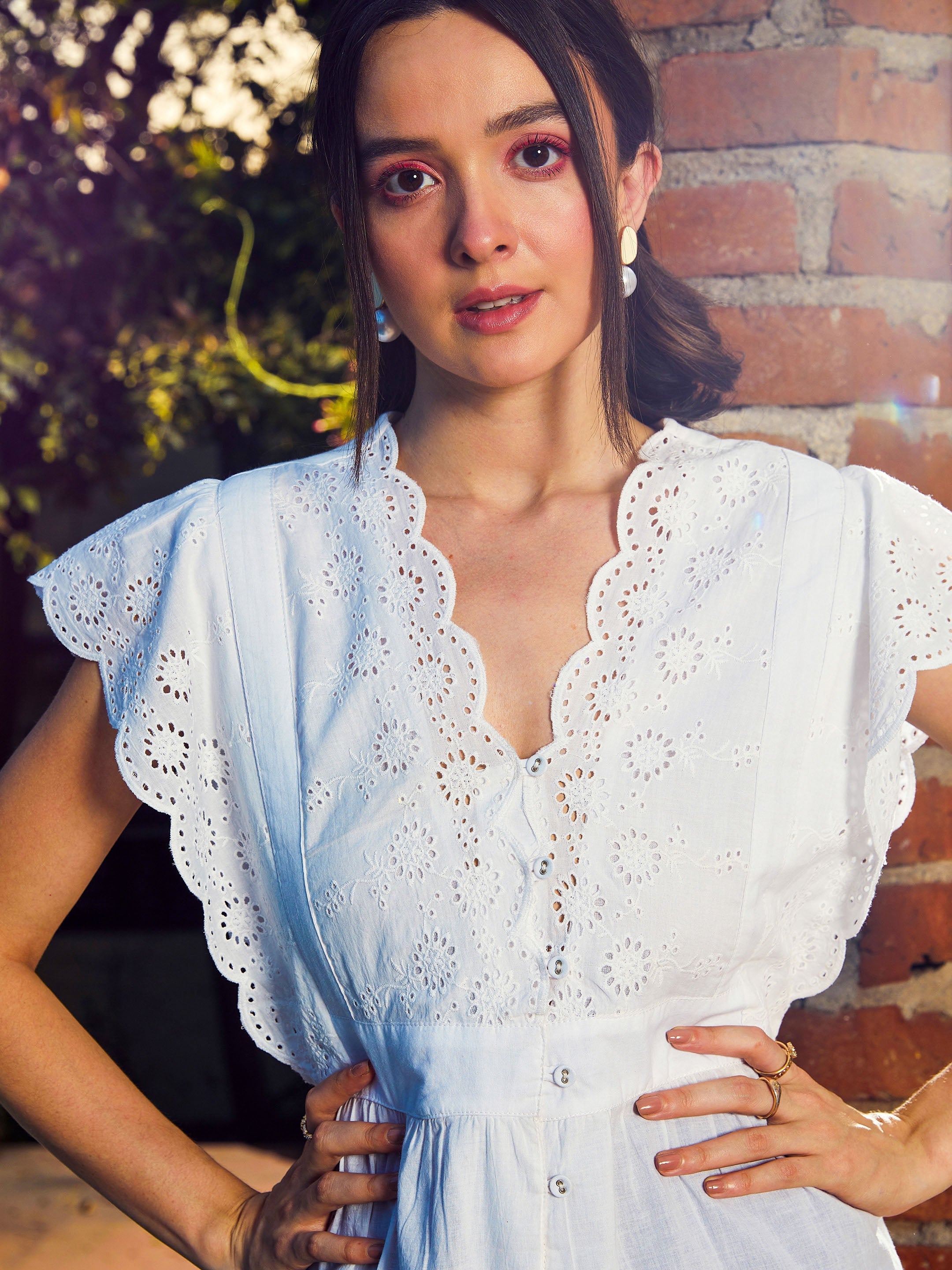 Women White Schiffli V-Neck Top-SFTOPS41365