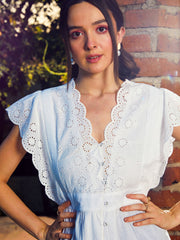 Women White Schiffli V-Neck Top-SFTOPS41365