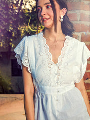 Women White Schiffli V-Neck Top-SFTOPS41365