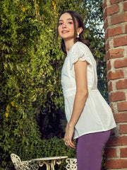 Women White Schiffli V-Neck Top-SFTOPS41365