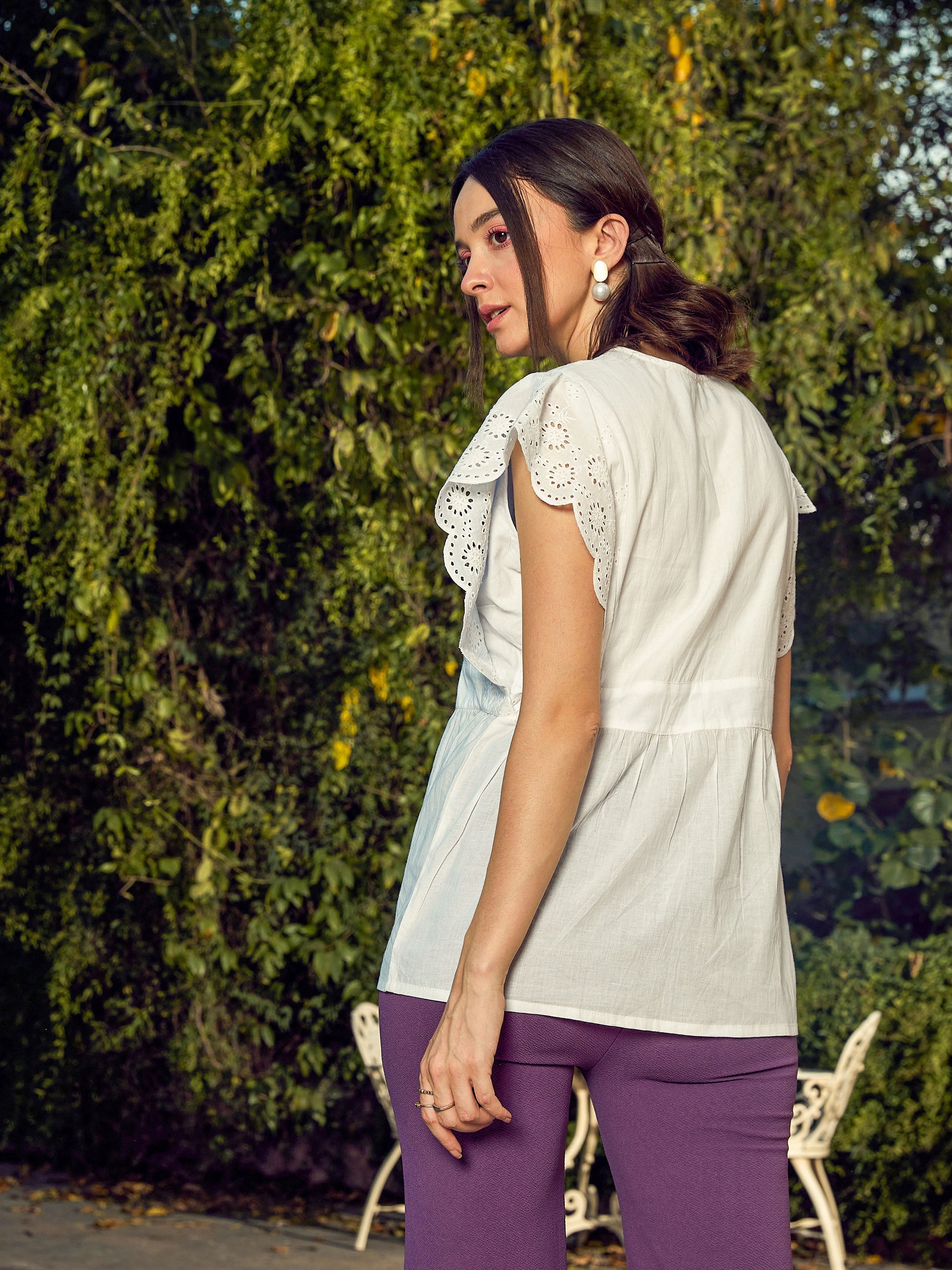 Women White Schiffli V-Neck Top-SFTOPS41365