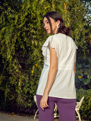 Women White Schiffli V-Neck Top-SFTOPS41365