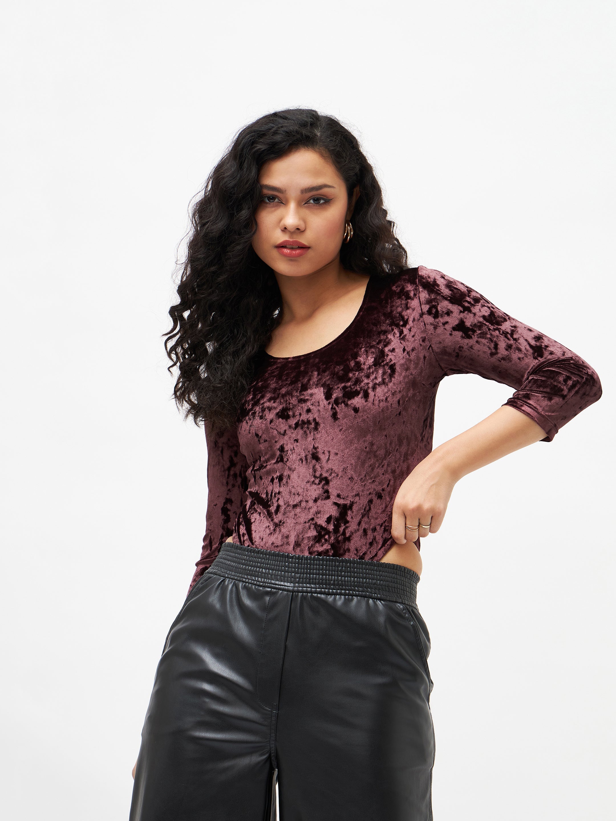Women Brown Velvet Full Sleeves Bodysuit-SFTOPS41491