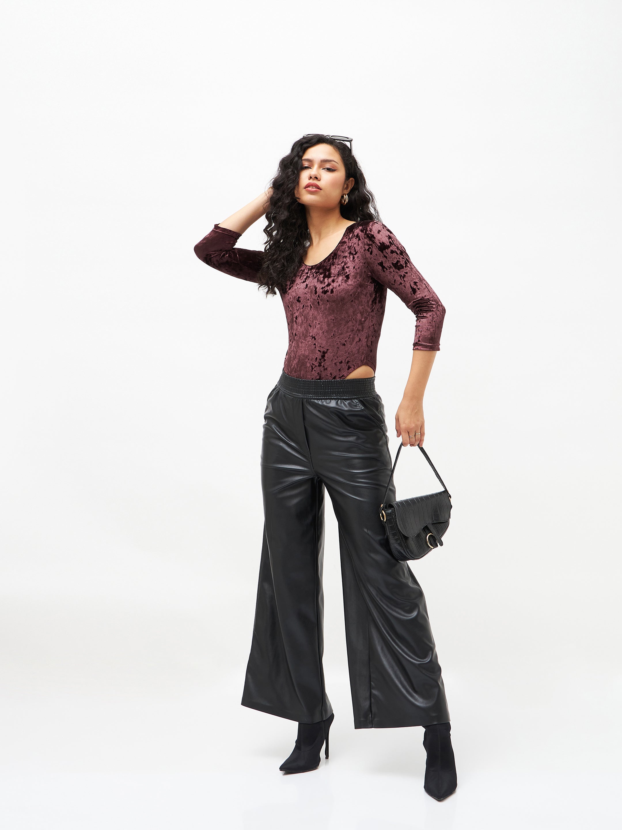 Women Brown Velvet Full Sleeves Bodysuit-SFTOPS41491