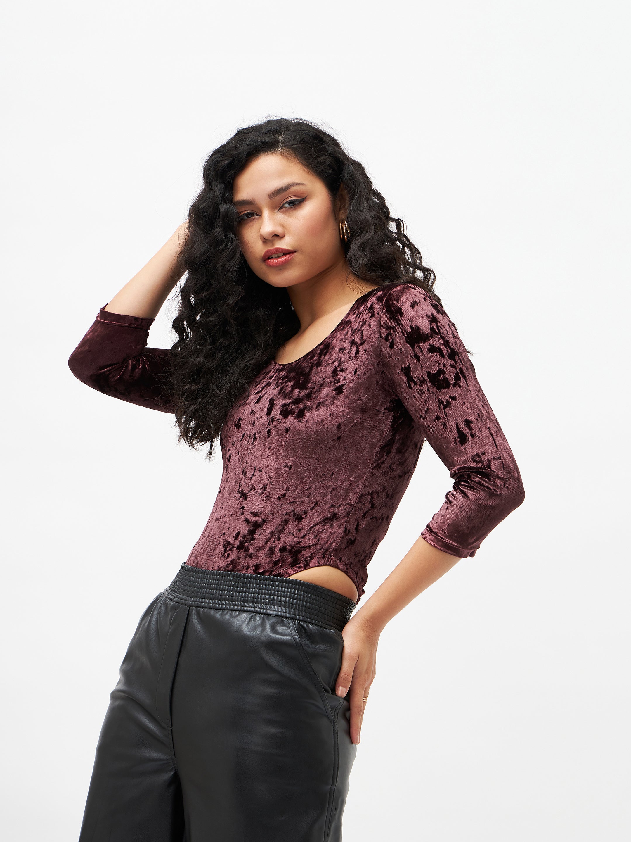 Women Brown Velvet Full Sleeves Bodysuit-SFTOPS41491
