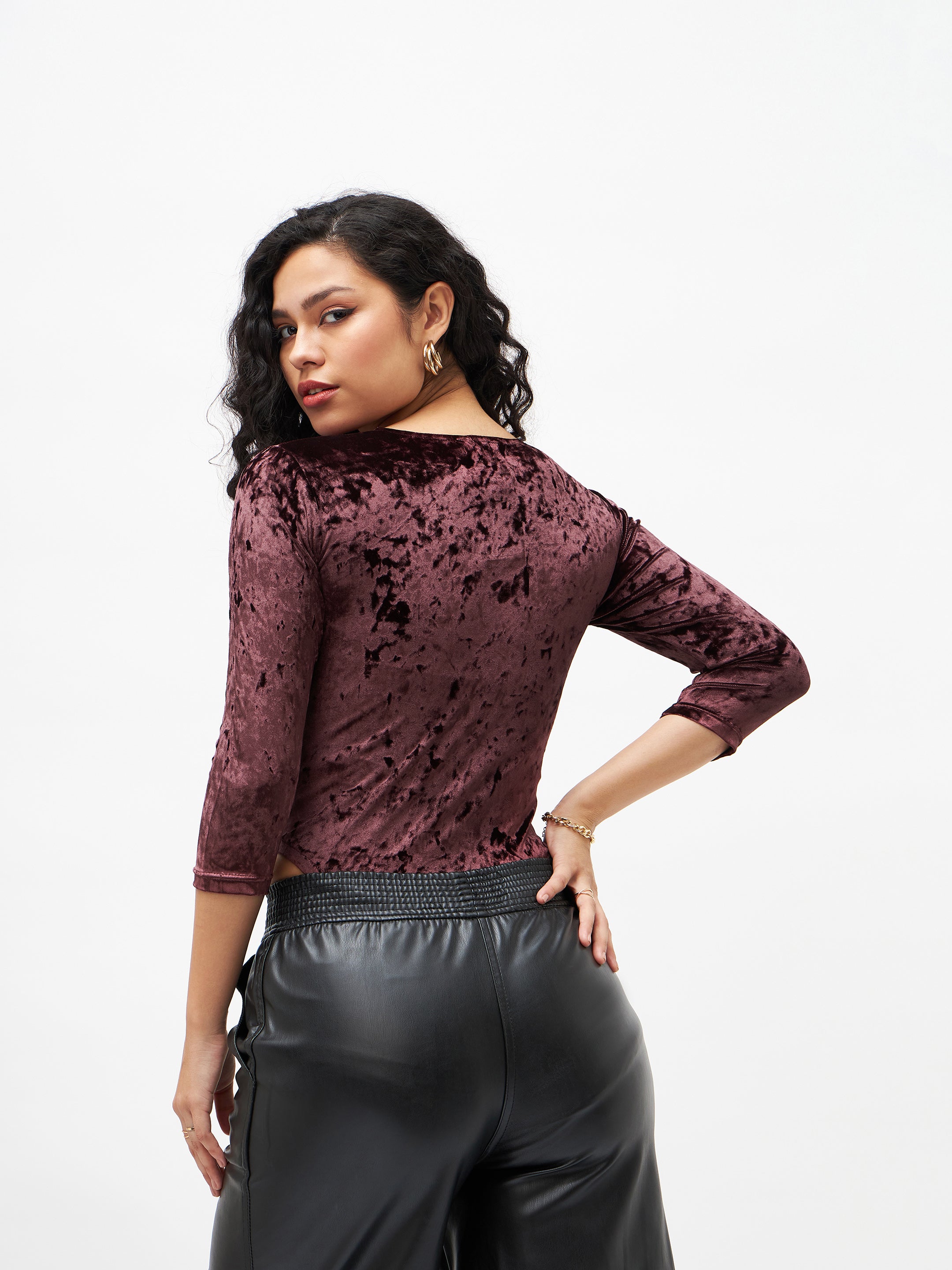 Women Brown Velvet Full Sleeves Bodysuit-SFTOPS41491
