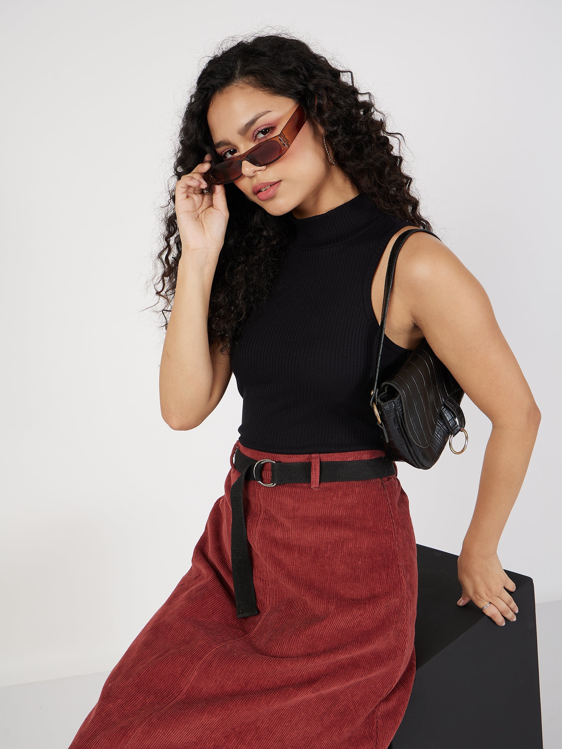 Women Black Rib Turtle Neck Sleeveless Top-SFTOPS41517