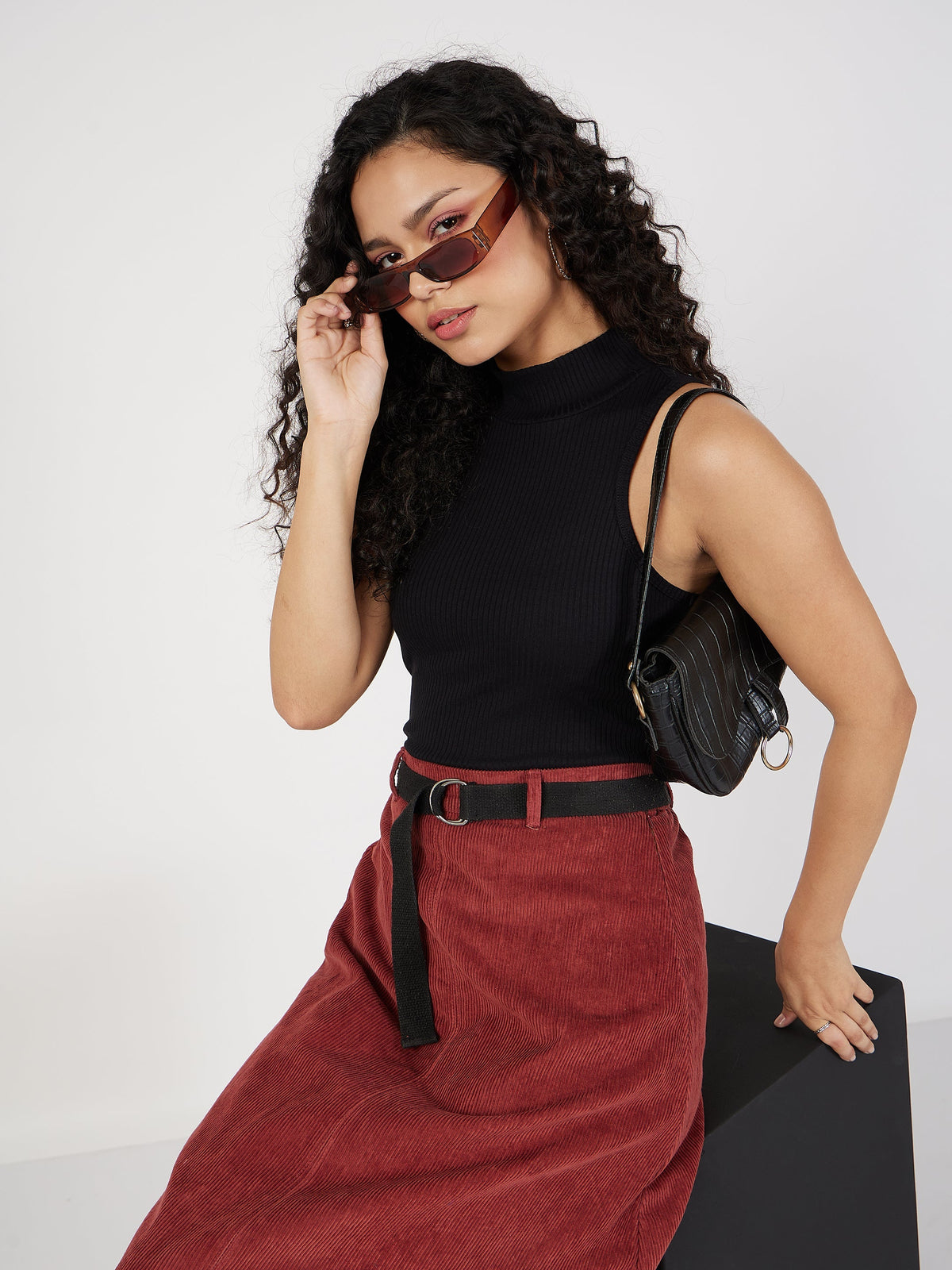 Women Black Rib Turtle Neck Sleeveless Top-SFTOPS41517